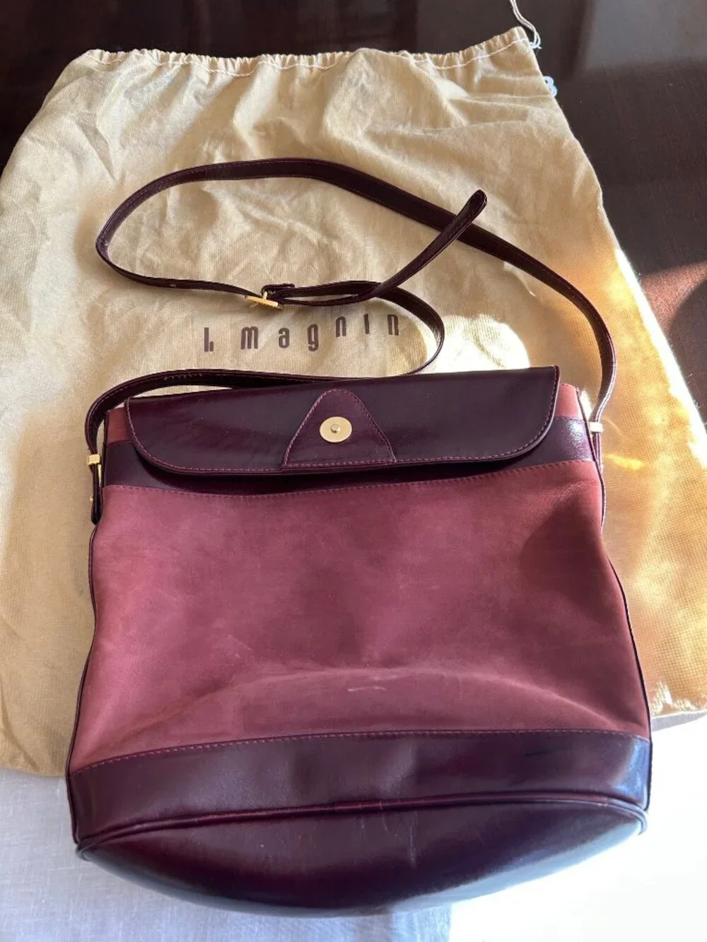Vintage I MAGNIN Suede Leather Burgundy Saddle Bag Crossbody Purse 10